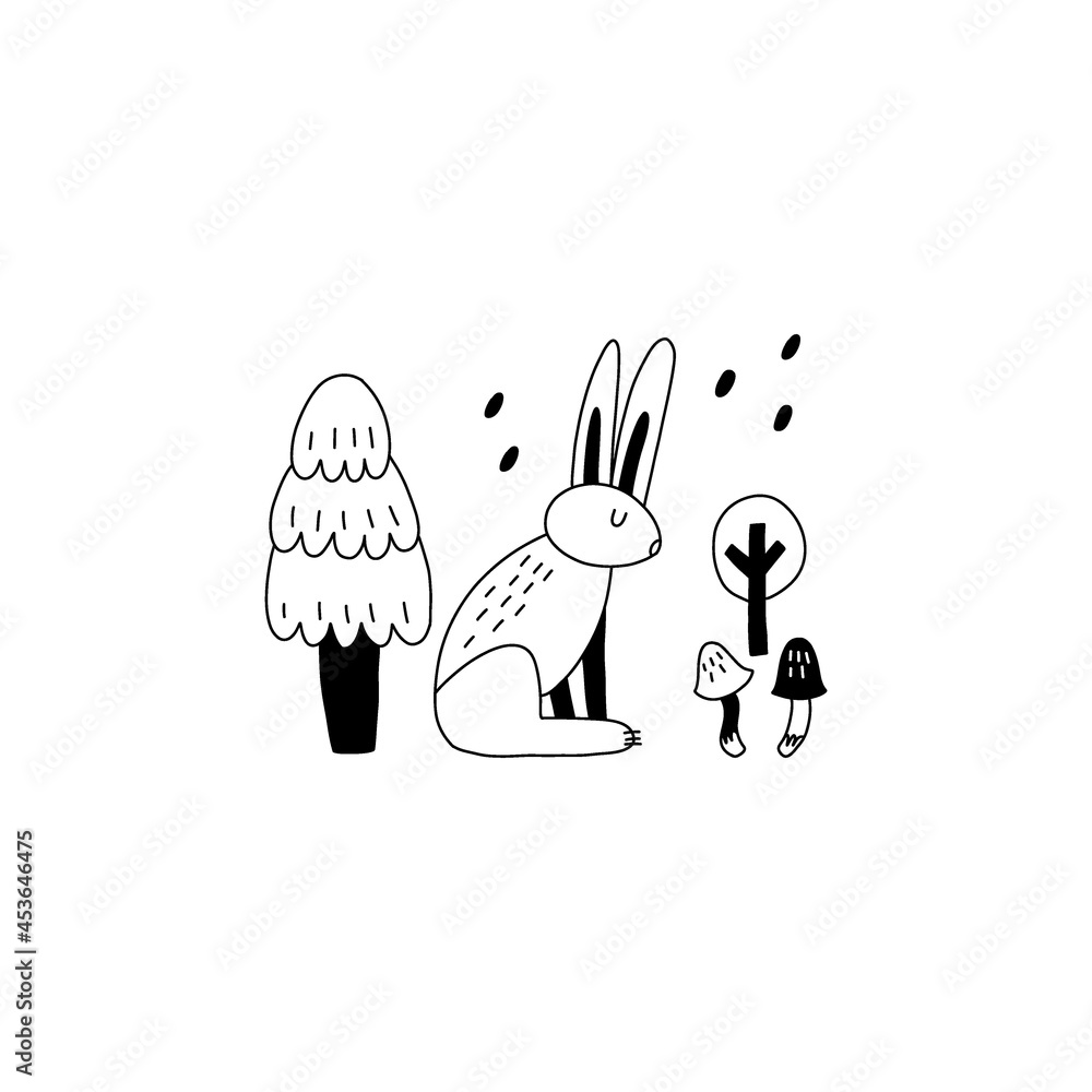 Fototapeta premium Doodle hare. Hand drawn line scandinavian style black and white print, cute scandi forest animal, kids t-shirt and nursery design woodland vector isolated illustration