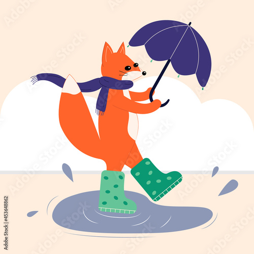 Autumn vector iilustration of red fox with umbrella in rubber boots. Rainy weather. Design for postcard.
