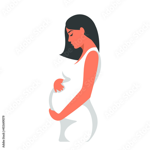 A pregnant beautiful dark-haired woman stands in a white dress, isolated on a white background. Vector illustration, side view, flat cartoon color minimal design, eps 10.