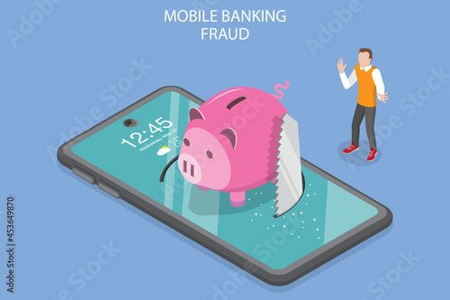 3D Isometric Flat Vector Conceptual Illustration of Mobile Banking Fraud, Hacking and Cyber Crime