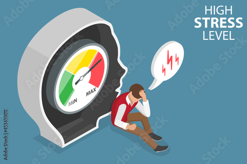3D Isometric Flat Vector Conceptual Illustration of High Stress Level, Emotional Overload and Mental Exhaustion