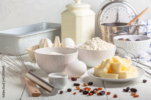 Ingredients and baking tools.