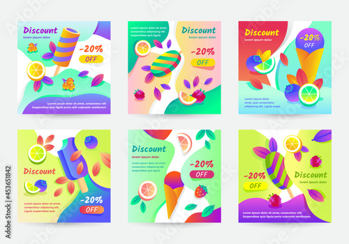 Set of attractive discount square posters with ice creams, berries, leaves and fruits on light abstract background