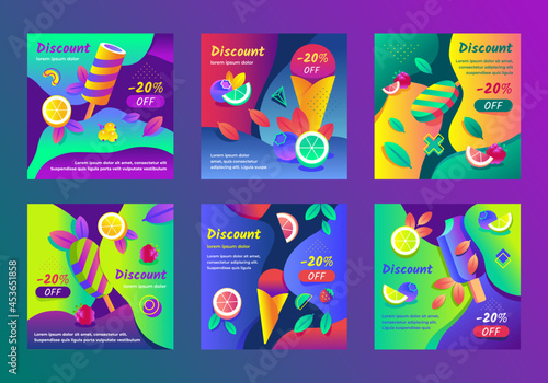 Collection of bright square discounts with red autumn leaves, ice creams, berries and abstract geometric elements on dark background