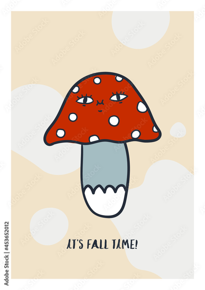 Autumn cute fall vector pre-made illustration perfect for poster, postcard, print, web, greeting cards, social media. Modern hand drawn characters with faces - mushrooms, slug, leaves. Funny and cozy. Autumn cute fall vector pre-made illustration perfect for poster, postcard, print, web, greeting cards, social media. Modern hand drawn characters with faces - mushrooms, slug, leaves. Funny and cozy.
