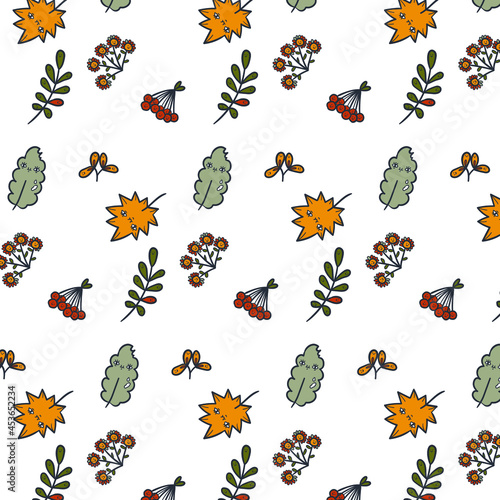 Cute vector seamless pattern. Trendy autumn illustration with funny plants, mushrooms, caterpillars, worms, slug, apples, pumpkins, chestnuts, acorns and other plants. Perfect fall graphic for print. © Maryna Polonska
