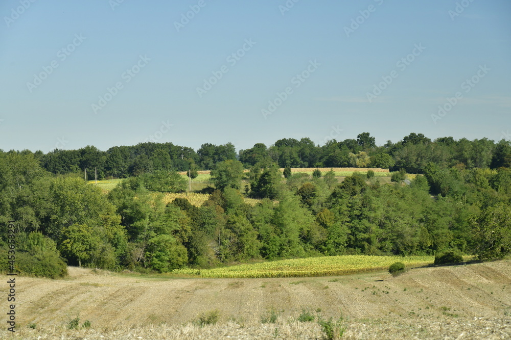 Paysage bucolique parsemés de bois ,champs ,prairies et collines au bourg de Champagne au Périgord Vert 