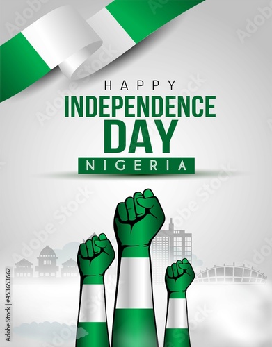 happy independence day Nigeria greetings. holding hand with flag. vector illustration design