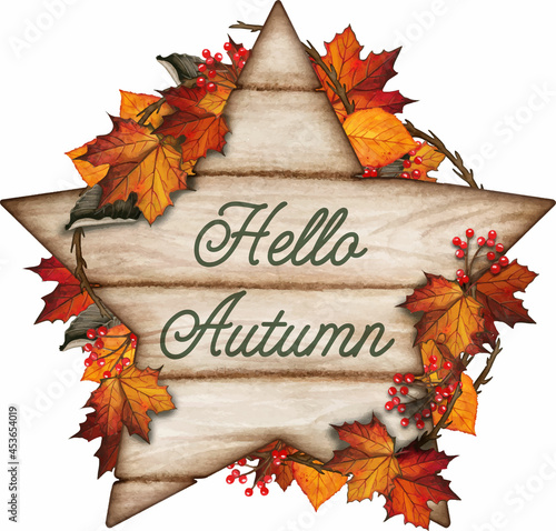 Watercolor hand drawn fall composition with fall leaves and wooden star sign