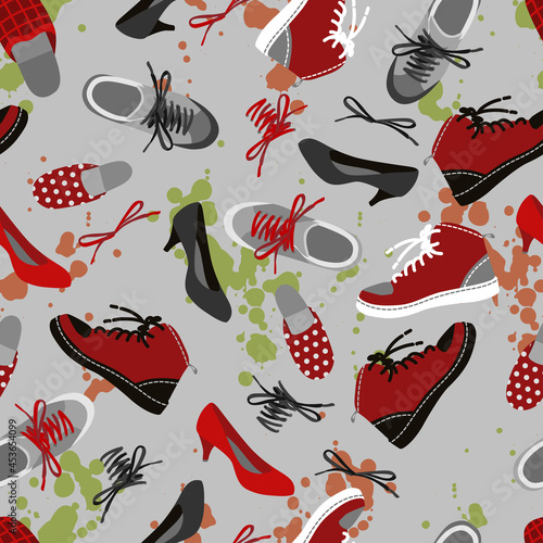 Background of different shoes red gray seamless background. Vector illustration