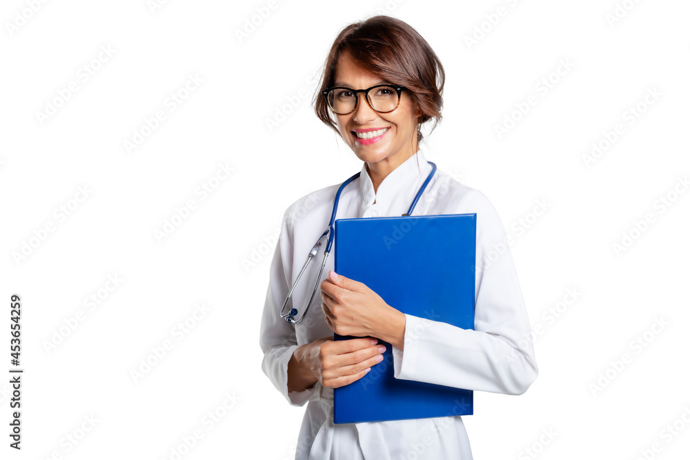 Female doctor standing at isolated white background while holding clipboard in her hand Female doctor standing at isolated white background while holding clipboard in her hand