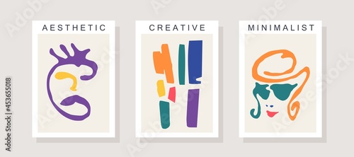 Surreal portraits. Three trendy posters in contemporary minimalistic style. Abstract illustrations inspired by Matisse graphics. Vector template