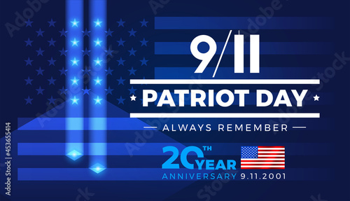 9-11 Patriot Day Always Remember 9.11.2001 20 Years Anniversary with American flag - banner template blue lights