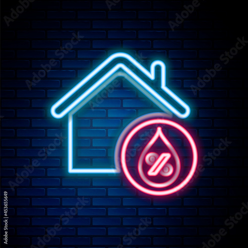 Glowing neon line House humidity icon isolated on brick wall background. Weather and meteorology, thermometer symbol. Colorful outline concept. Vector