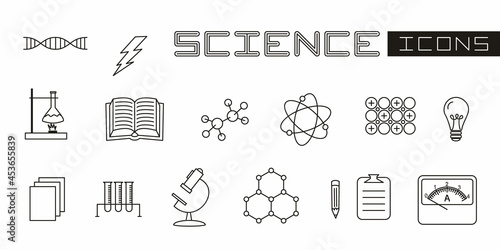 Set of linear isolated elements for Science. Chemical test tubes, flasks for experiments, microscope and scientific objects. Vector illustration for school textbooks, educational project
