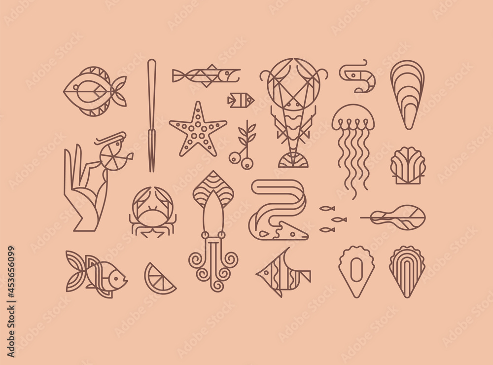 Set of creative modern art deco seafood signs in flat line style drawing on beige background.