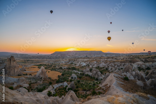 A small number of balloons due to quarantine. First flight after lockdown. Entertainment, tourism an vacation. Travel tour. Goreme, Cappadocia, Turkey.