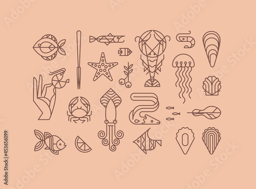 Obraz na płótnie Set of creative modern art deco seafood signs in flat line style drawing on beige background. w salonie