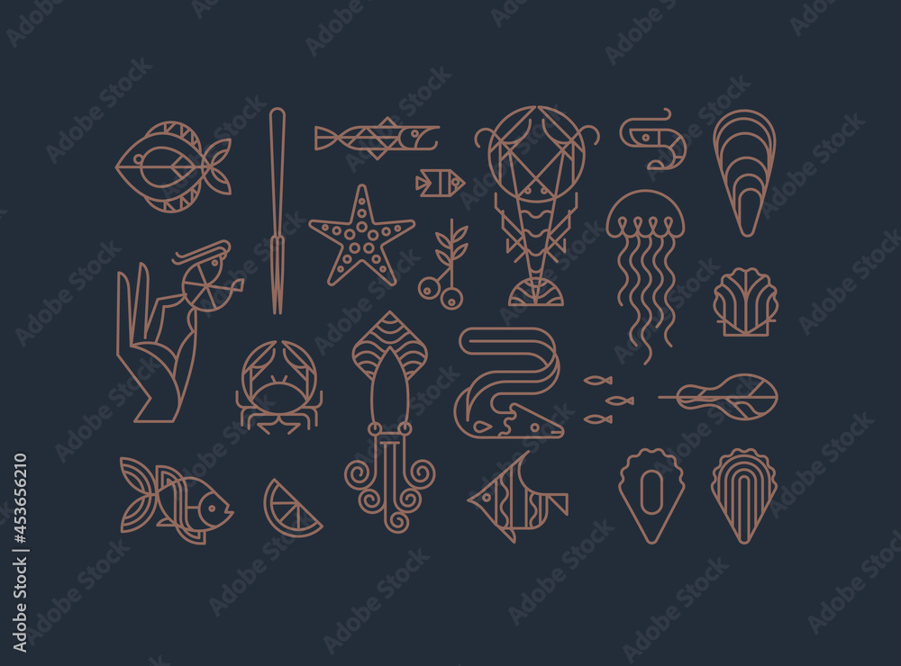 Set of creative modern art deco seafood signs in flat line style drawing on brown background.