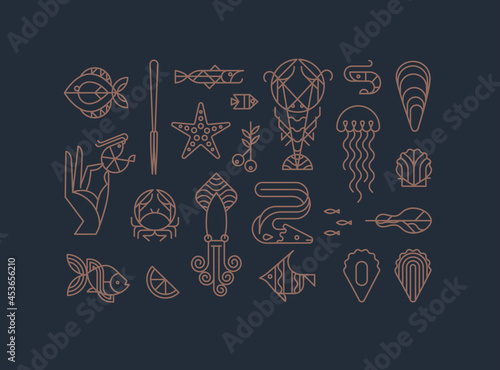 Obraz na płótnie Set of creative modern art deco seafood signs in flat line style drawing on brown background. w salonie
