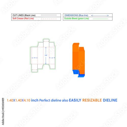 Custom reverse tuck end folding box food cardboardcosmetics box(1.40x1.40x4.10) inch Dieline template and 3D vector file