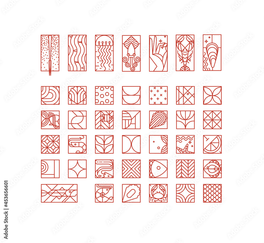 Set of creative modern art deco seafood icons in flat line style drawing on white background.