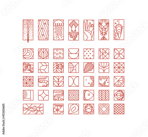 Obraz na płótnie Set of creative modern art deco seafood icons in flat line style drawing on white background. w salonie