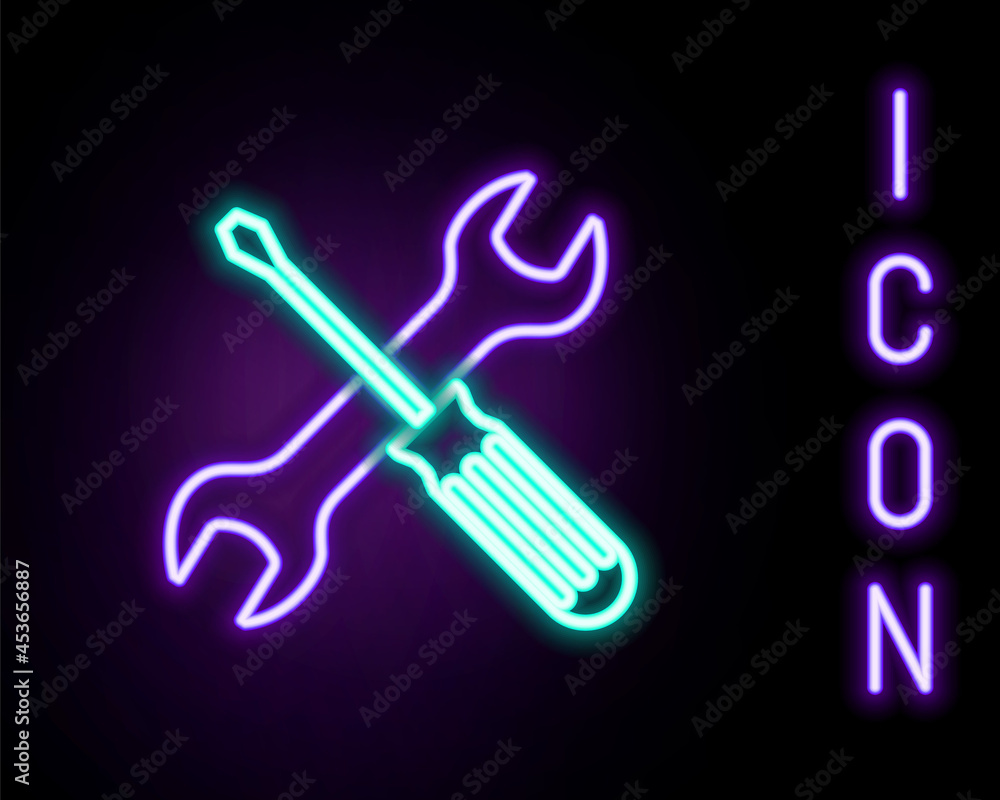 Glowing neon line Crossed screwdriver and wrench tools icon isolated on black background. Service tool symbol. Colorful outline concept. Vector Glowing neon line Crossed screwdriver and wrench tools icon isolated on black background. Service tool symbol. Colorful outline concept. Vector