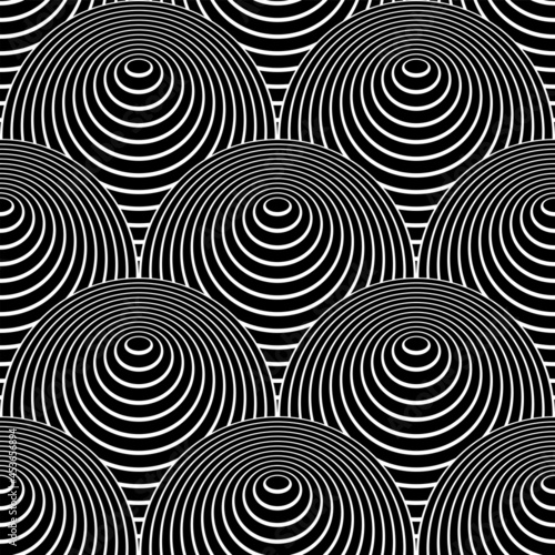 Seamless op art pattern in fish scale design with 3D illusion effect.