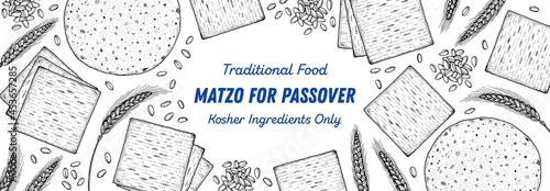 Matzo cooking and ingredients for matzo, sketch illustration. Middle eastern cuisine frame. Traditional passover food, design elements. Hand drawn, menu and package design. Jewish food.