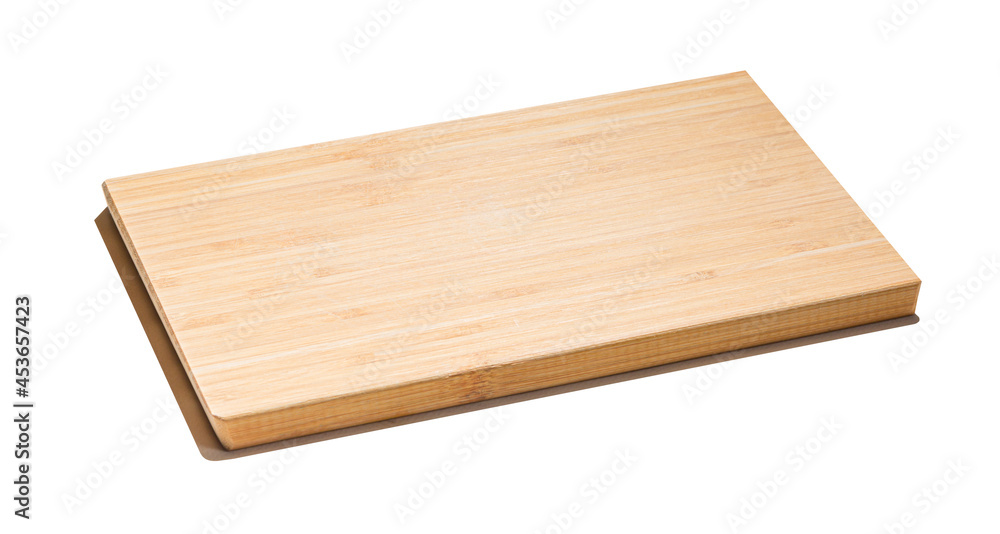 New rectangular wooden bamboo cutting board isolated on white background. Full depth of field. Mockup for food project. New rectangular wooden bamboo cutting board isolated on white background. Full depth of field. Mockup for food project.