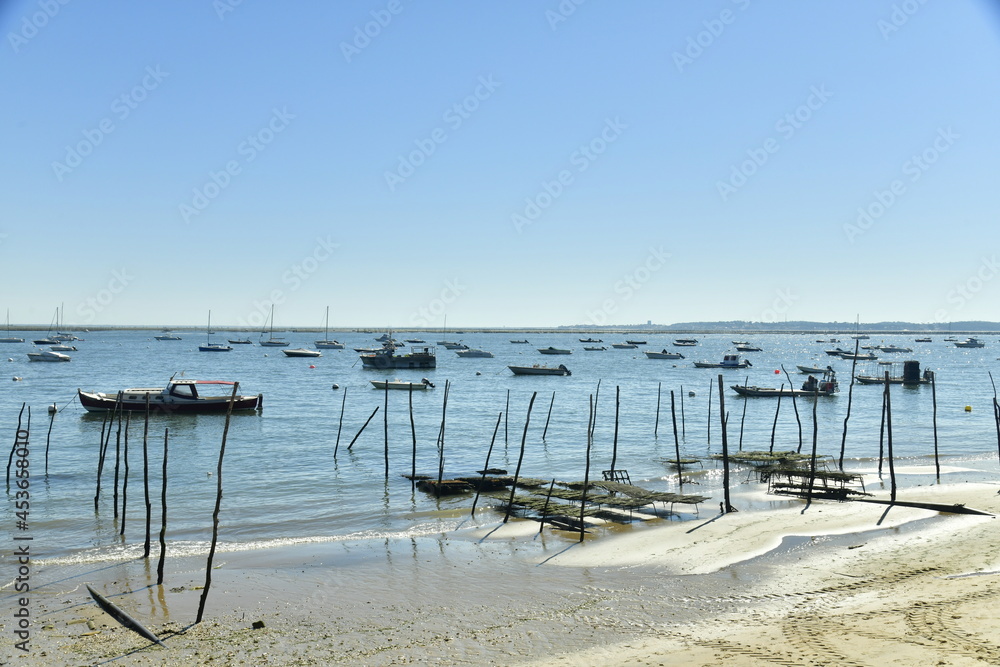 Piquets dans le sable et mouillage à la baie d'Arcachon à l'Herbe en Gironde Piquets dans le sable et mouillage à la baie d'Arcachon à l'Herbe en Gironde