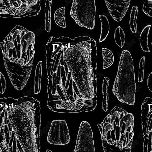 Seamless pattern - Fish and Chips sketch vector illustration. British pub food. Hand drawn sketch. Cooking fish and chips. Engraved hand drawn vintage image. Menu design template.