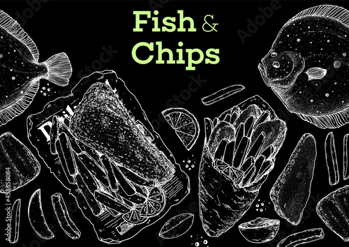 Fish and chips sketch vector illustration. British pub food. Hand drawn sketch. Cooking fish and chips. Engraved hand drawn vintage image. Menu design template.