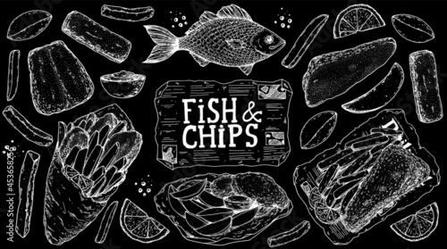 Fish and chips sketch vector illustration. British pub food. Hand drawn sketch. Cooking fish and chips. Engraved hand drawn vintage image. Menu design template.
