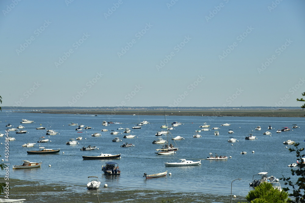 Flotte de petites embarcations en mouillage dans la baie d'Archachon à l'Herbe en gironde 