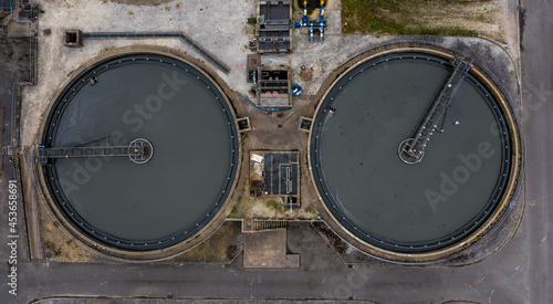 Aerial view of a sewage and waste water treatment works in the UK
