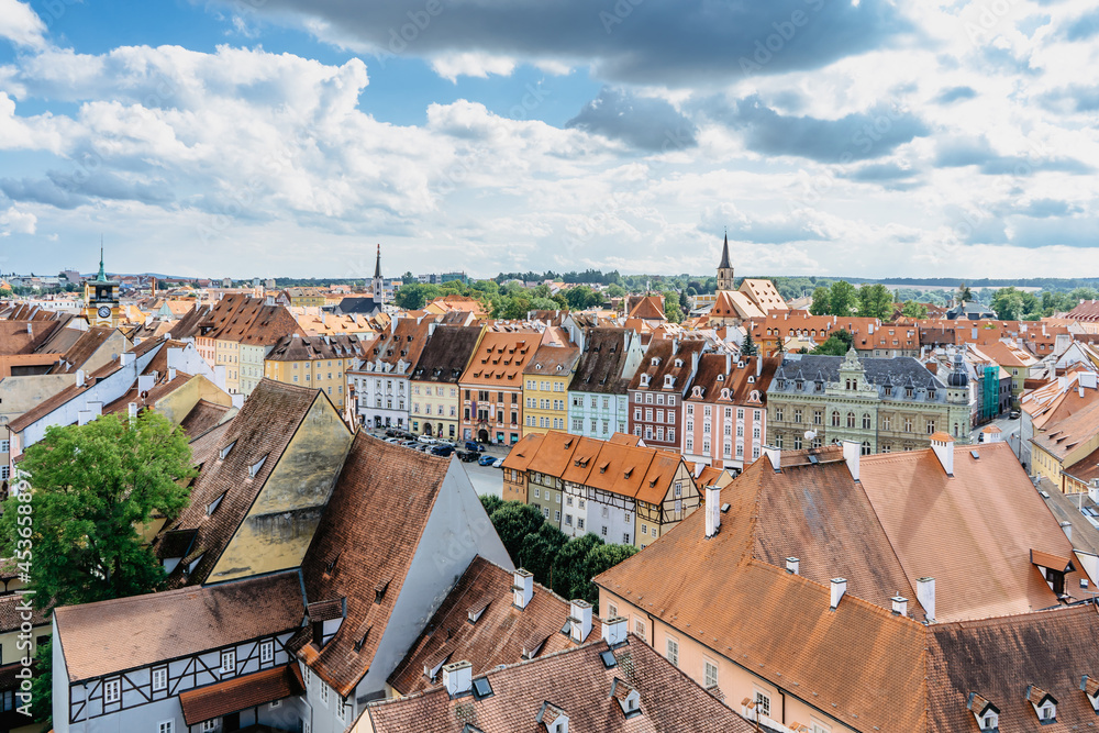 Cheb, Czech Republic. Town in Western Bohemia on river Ohre.Aerial panoramic view of Market Place with colorful Gothic houses from 13th century.Medieval cobblestone square with merchants' buildings.