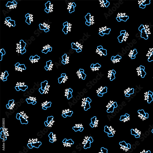 Line Cloud with snow icon isolated seamless pattern on black background. Cloud with snowflakes. Single weather icon. Snowing sign. Vector