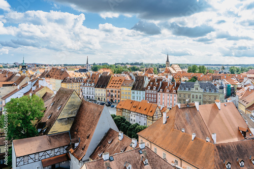 Obraz na płótnie Cheb, Czech Republic. Town in Western Bohemia on river Ohre.Aerial panoramic view of Market Place with colorful Gothic houses from 13th century.Medieval cobblestone square with merchants' buildings. w salonie