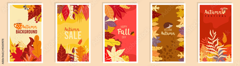 Collection of autumn sale and other typography flyer template with lettering. Bright fall leaves. Poster, card, label, banner design set. Vector illustration EPS10 - obrazy, fototapety, plakaty 