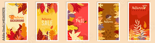 Collection of autumn sale and other typography flyer template with lettering. Bright fall leaves. Poster, card, label, banner design set. Vector illustration EPS10