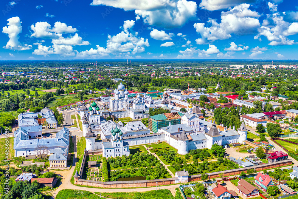 Aerial drone view of Rostov Kremlin near Nero lake in Rostov the Great city in summer, Russia. Golden ring of Russia