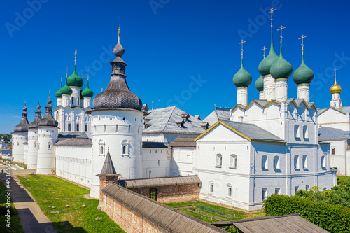 Aerial drone view of Rostov Kremlin near Nero lake in Rostov the Great city in summer, Russia. Golden ring of Russia photo