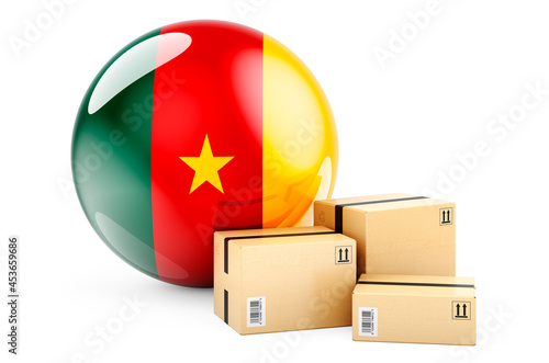 Parcels with Cameroonian flag. Shipping and delivery in Cameroon, concept. 3D rendering