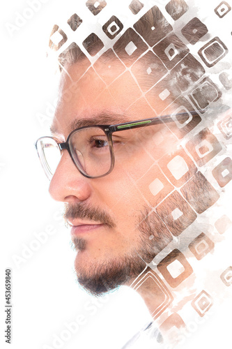 Paintography.Portrait of a young man with a beard combined with geometric shapes