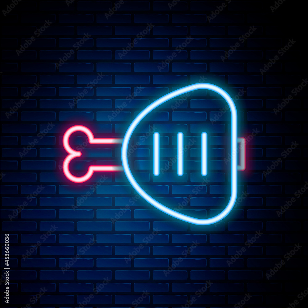 Glowing neon line Chicken leg icon isolated on brick wall background. Chicken drumstick. Colorful outline concept. Vector Glowing neon line Chicken leg icon isolated on brick wall background. Chicken drumstick. Colorful outline concept. Vector