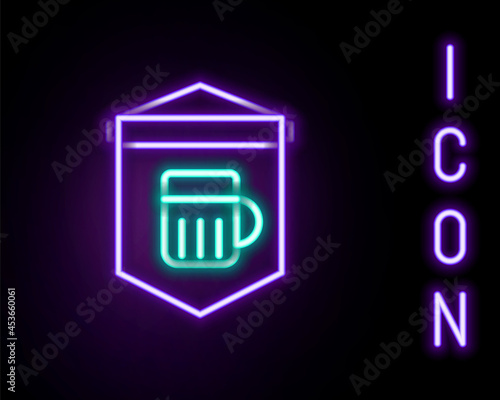 Glowing neon line Street signboard with glass of beer icon isolated on black background. Suitable for advertisements bar, cafe, pub, restaurant. Colorful outline concept. Vector