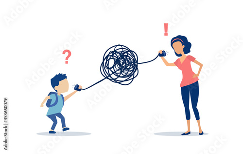 Vector of a mother talking through messy tangled phone line to her son. Bad communication concept
