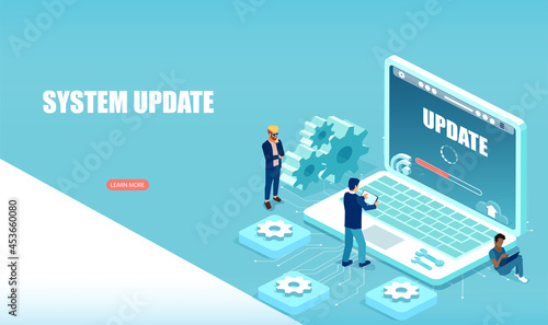 Vector of a team of technical support people updating computer software